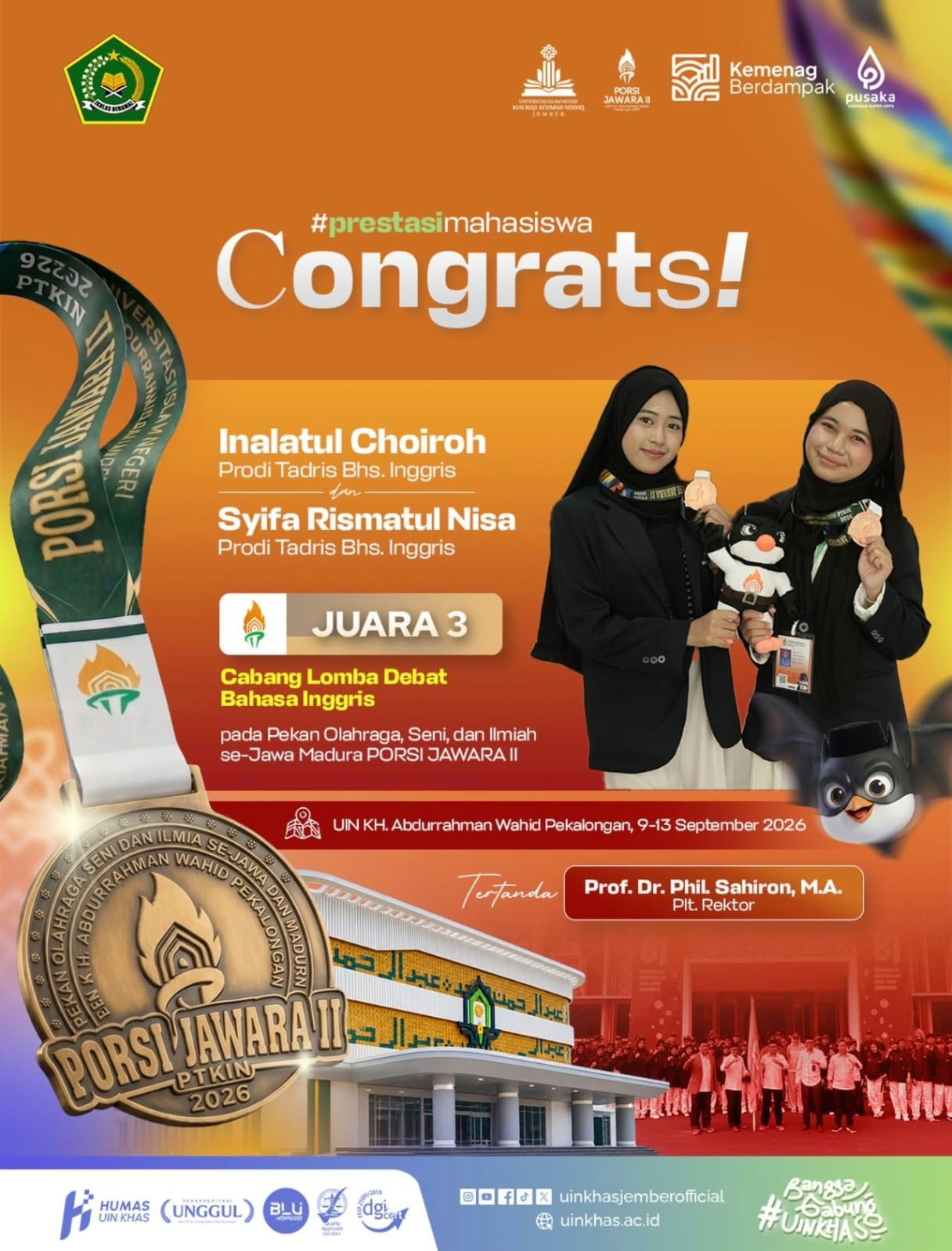 Mahasiswa Tadris Bahasa Inggris UIN KHAS Jember Raih Juara 3 Debat Bahasa Inggris di PORSI JAWARA II 2026